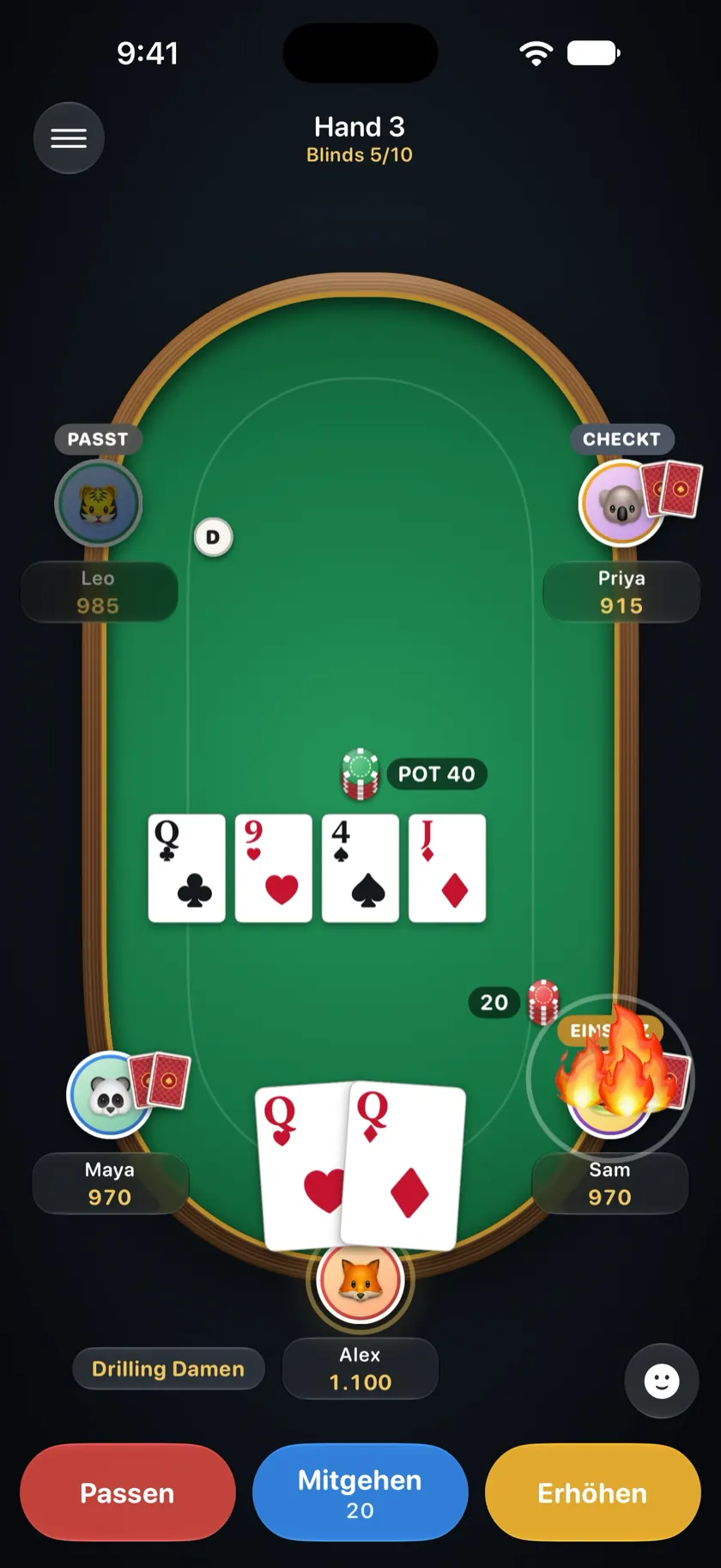 Ein Feuer-Emoji landet auf Sams Platz am Pokertisch