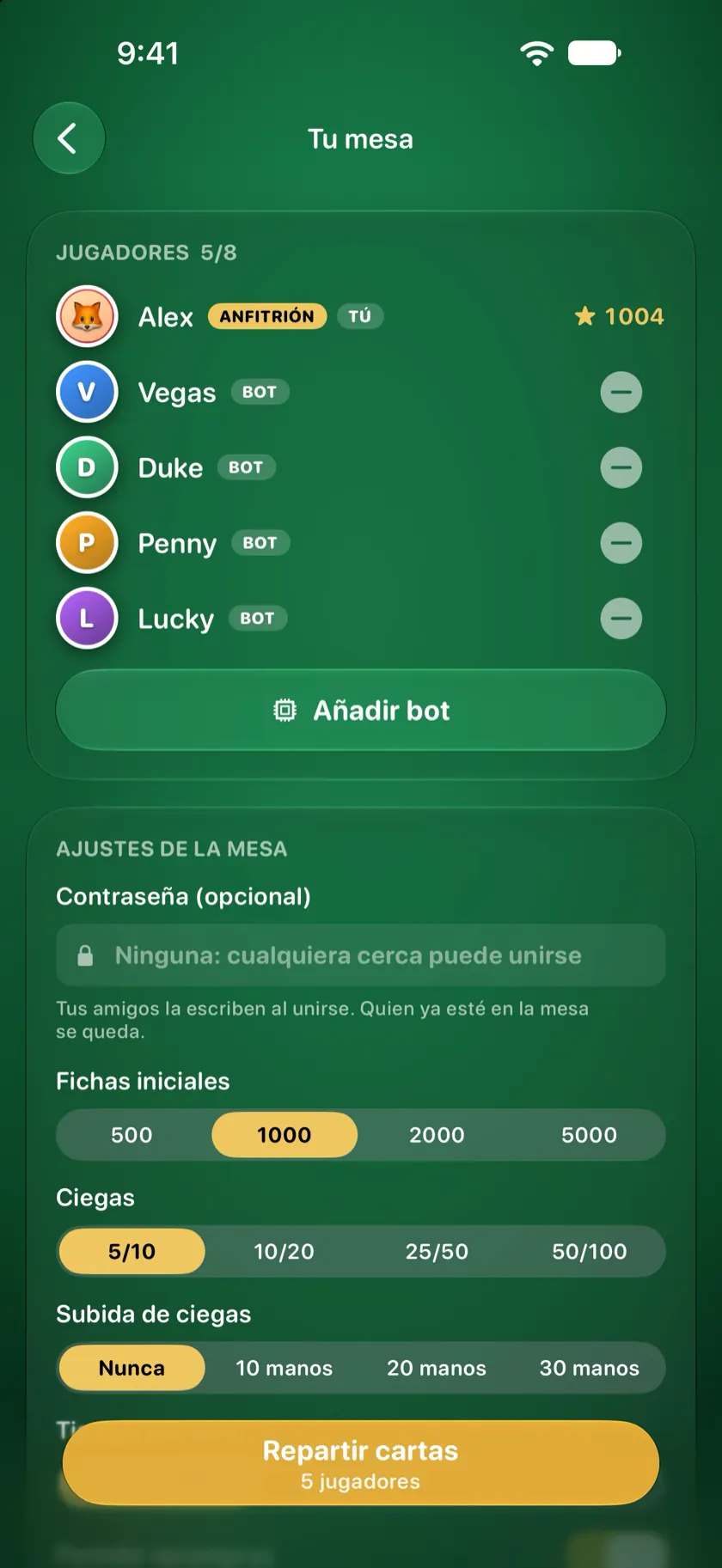 La sala de espera con los bots Vegas, Duke, Penny y Lucky sentados junto al anfitrión