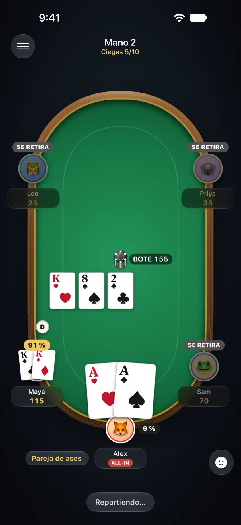 Un all-in después del flop con la probabilidad de ganar de cada jugador en su asiento