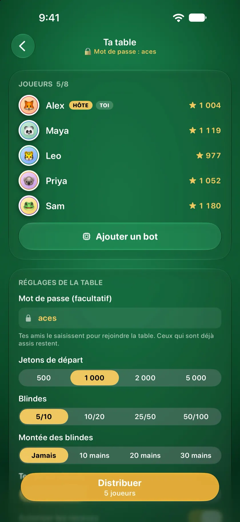 Le salon de l'hôte avec cinq joueurs assis et les réglages de la table