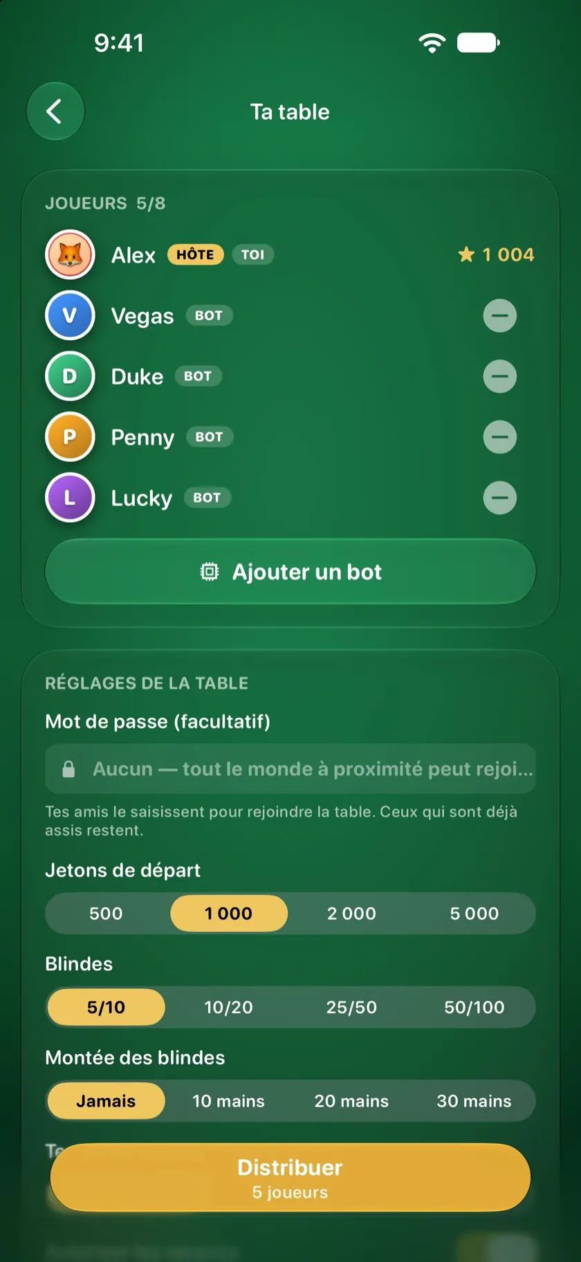 Le salon avec les bots Vegas, Duke, Penny et Lucky assis à côté de l'hôte