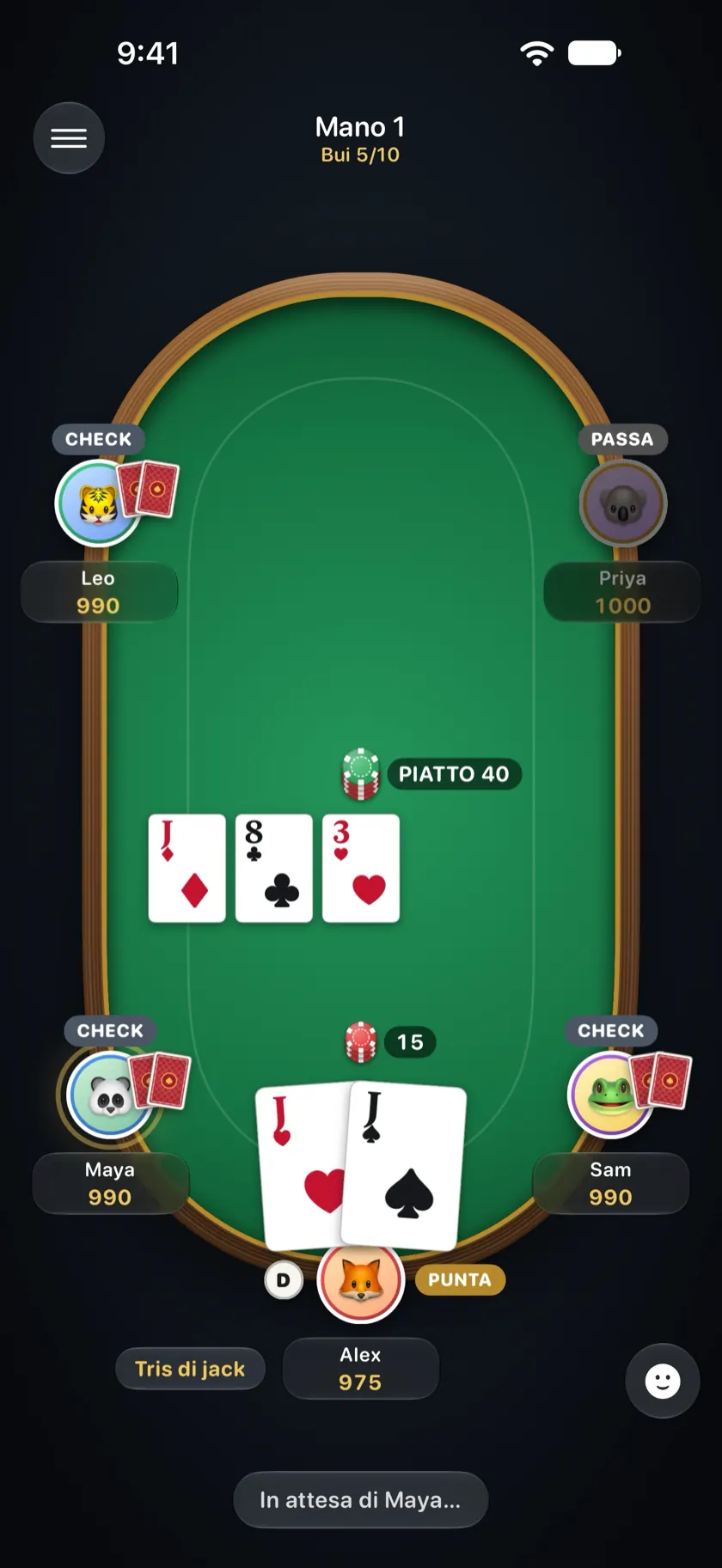 Il tavolo di Local Poker sull'iPhone di Alex: cinque giocatori, il flop e Alex con un tris di jack