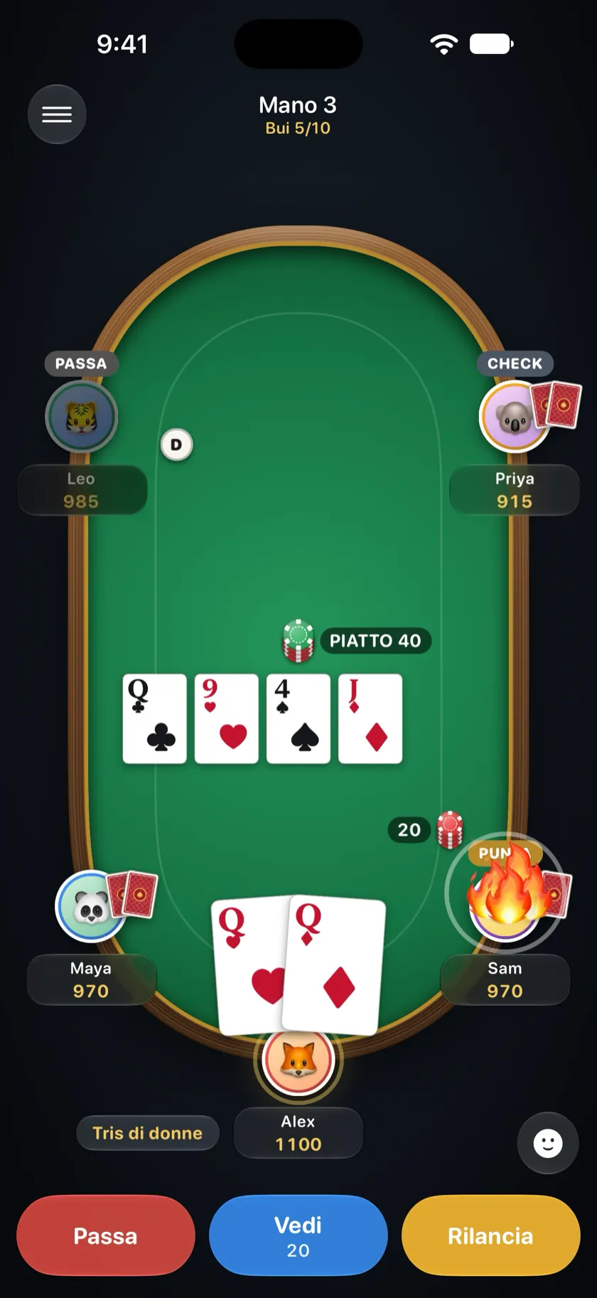 Un'emoji di fuoco che atterra sul posto di Sam al tavolo da poker
