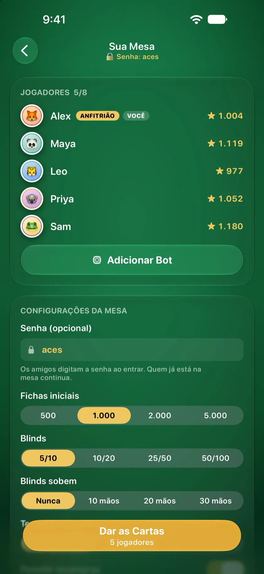 O lobby do anfitrião com cinco jogadores sentados e as configurações da mesa