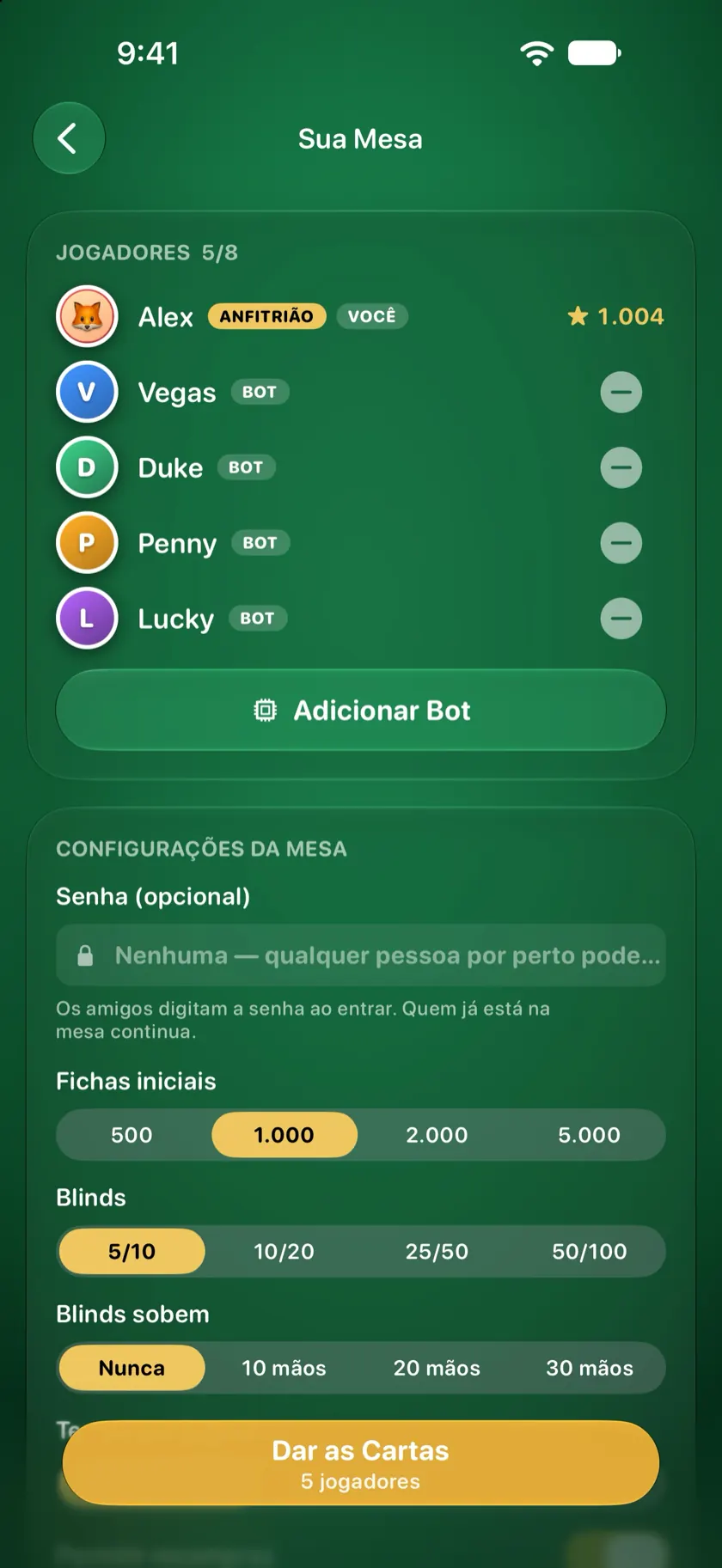 O lobby com os bots Vegas, Duke, Penny e Lucky sentados ao lado do anfitrião