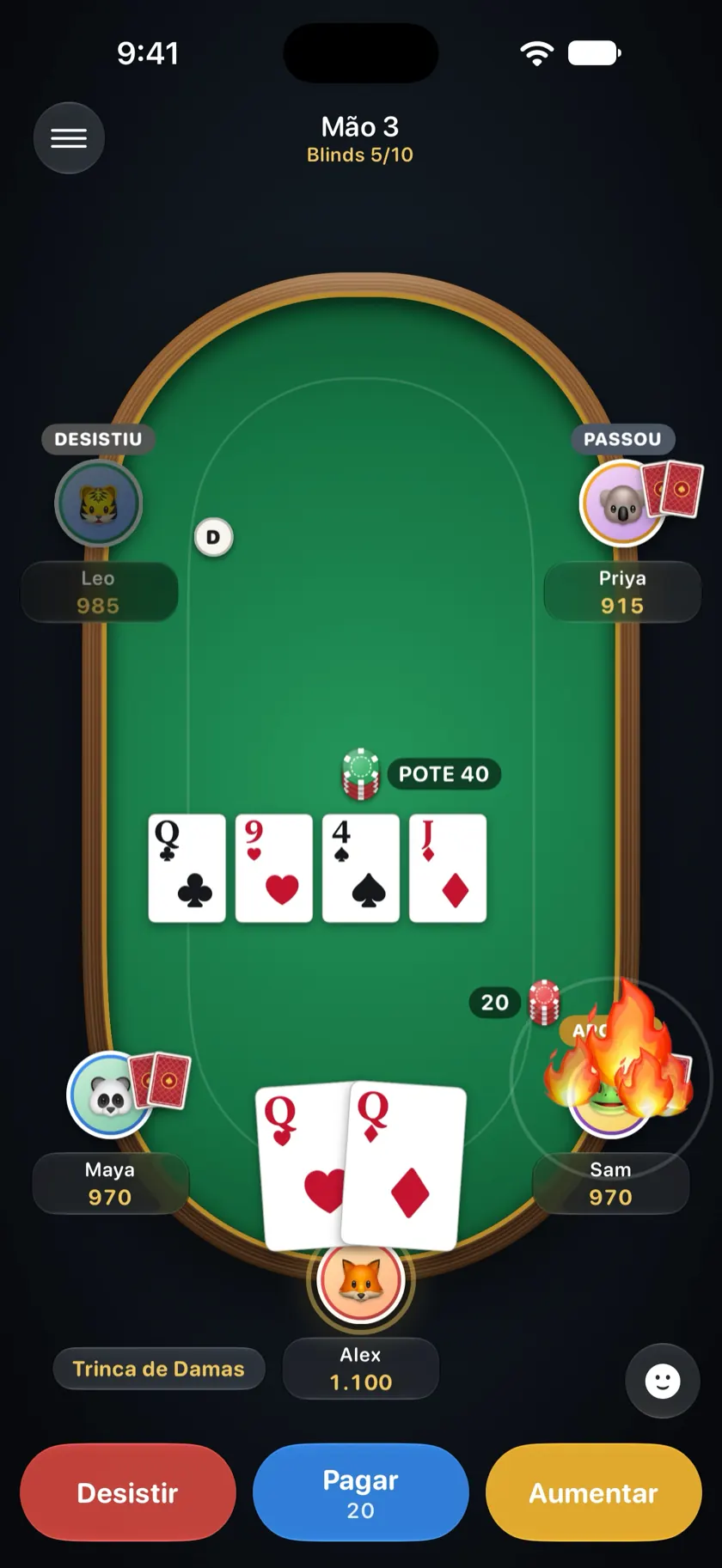 Um emoji de fogo caindo no lugar do Sam na mesa de poker